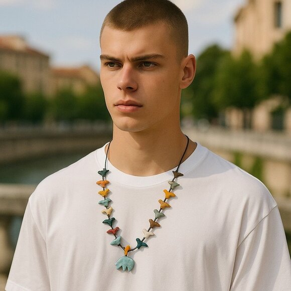 Vintage Zuni Double Strand Bird Fetish Turquoise Bear Necklace Multi-Stone 28" - Picture 10 of 12